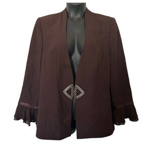 Elegant Brown Open-Front Blazer With Rhinestone Clasp & Flared Sleeves size 18
